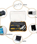 Ratcheting Screwdriver And Socket Set With Precision Bit Kit Rotatable Ratchet Handles And Storage Case Ultimate Diy Household Repair Kit For Bikes Watches Glasses And Phones in a plastic case with various tools arranged.