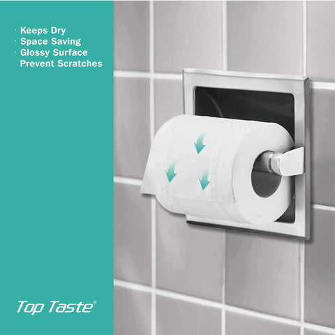 Recessed Toilet Paper Holder In Brushed Nickel Wall Mount Made Of Stainless Steel With Rear Mounting Bracket displayed in bathroom wall.