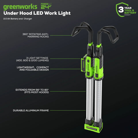 Underhood Work Light With 1200 Lumens All Day Runtime 3 Brightness Modes 360 Degree Swivel Head Built In Hooks 2Ah Battery And 2A Fast Charger Included Perfect For Garage And Auto Maintenance And DIY