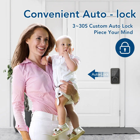 Woman holding child near front door with WiFi Keyless Entry Smart Lock With Touchscreen Keypad, Remote Unlock Via App, Bluetooth And WiFi Deadbolt