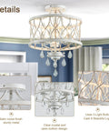 Straight Up Stunning Three Light Semi Flush Mount Crystal Ceiling Light Fixture In Vintage Rustic White Finish For Farmhouse Hallway Kitchen Entryway Bedroom Or Living Room, showing open bottom design and crystal drops.