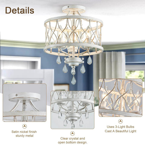 Straight Up Stunning Three Light Semi Flush Mount Crystal Ceiling Light Fixture In Vintage Rustic White Finish For Farmhouse Hallway Kitchen Entryway Bedroom Or Living Room, showing open bottom design and crystal drops.