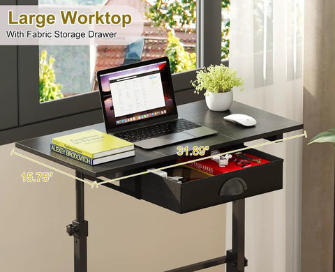 Adjustable Height Sit Stand Desk On Wheels With Drawer showing a large worktop, rolling computer desk for standing or sitting.
