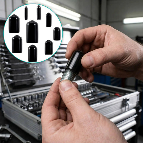 240 Piece Rubber End Cap Kit For Screws And Tubes, showing black vinyl cap applied to a screw with toolset in background.