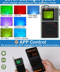 Tiny But Mighty Shortwave Radio With 7 Backlight Colors showing color modes and app control on smartphone screen.