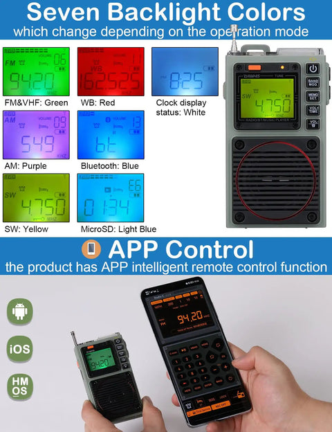 Tiny But Mighty Shortwave Radio With 7 Backlight Colors showing color modes and app control on smartphone screen.