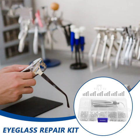 Person using eyeglass repair kit with 527 replacement screws and nose pads, precision screwdriver set, including case with compartments.