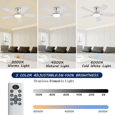 Low Profile 42 Inch Ceiling Fan With Lights And Remote Control App Compatible Flush Mount DC Reversible Motor Ultra Quiet