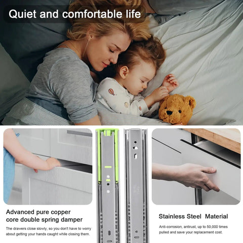 Soft Close Drawer Slides With Beefy Full Extension And Quiet Ball Bearing Rails Damping Thickened Guide installed in cabinetry