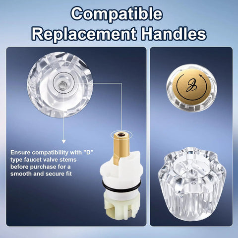 Four Pack Crystal Clear Acrylic Shower Knob Replacement Handles For Delta Delex Peerless Bath And Bathtub Faucets With D Stem Valves Easy Install Repair Kit Includes Mounting Screws For Hot Cold Water Fixups, clear acrylic handle and D stem fit