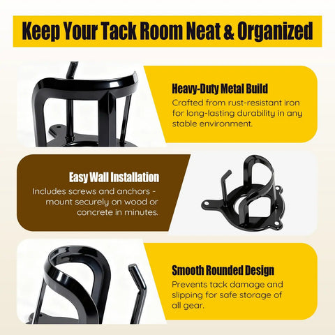 Image of Six Pack Horse Bridle Rack Hooks Kit showing durable iron construction with rust resistant black finish for wall mount.