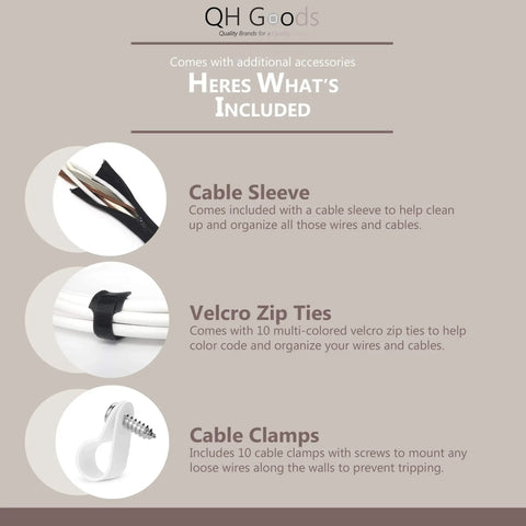 Large Bamboo Wood Cable Management Box Organizer accessories including cable sleeve, velcro zip ties, and cable clamps
