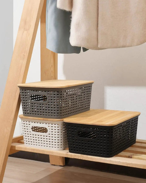 Top Tier Stackable Storage Bins With Bamboo Lids Set Of Six Heavy Duty Bpa Free Plastic Baskets on shelf, showcasing matte finishes.