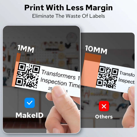 Comparison of label printing margins showing 1mm vs 10mm uses for Top Tier Portable Bluetooth Label Maker And Wireless Printer Hella Tough.