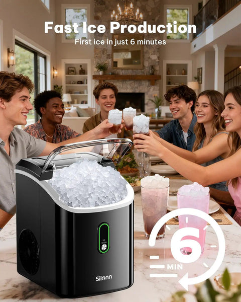 Real Deal Chewable Nugget Ice Maker Countertop Self Cleaning Fast Freeze Pellet Machine Cranks Out Thirty Six Pounds Daily Compact Black Gizmo with ice