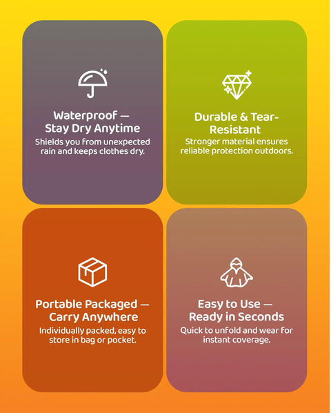 Infographic of Family Pack Disposable Kids Poncho with features like waterproof, durable, portable, easy to use for travel, theme parks.