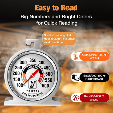 Two Pack Oven Thermometer With 100 To 600 Fahrenheit Range No Holes No Discoloration Easy Clean No Fuss 2.5 Inch Dial