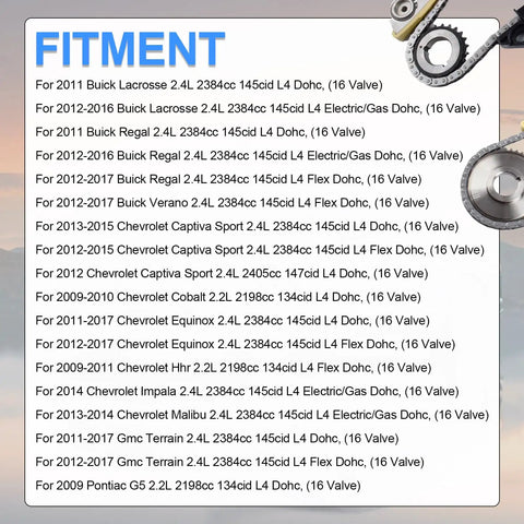 Fitment guide showing compatible GM car models for Beefed Up Timing Chain Kit With Head Gasket Water Pump Oil Pump And Sprocket