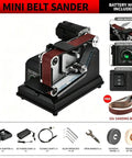 Super Slick Mini Belt Sander Workhorse With Polishing And Carving Accessory Kit For Wood Metal And Plastic Fast 7000 Rpm High Power Electric Grinder Tool For Garage And Workshop Projects showing angle adjustment and speed control features.