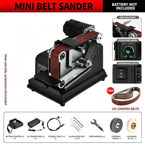 Super Slick Mini Belt Sander Workhorse With Polishing And Carving Accessory Kit For Wood Metal And Plastic Fast 7000 Rpm High Power Electric Grinder Tool For Garage And Workshop Projects showing angle adjustment and speed control features.