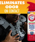 Sport Gear And Shoe Refresher Spray Heavy Duty Odor Defense For Gym Bags And Footwear Deodorizer For Boxing Gloves Hockey Pads Cleats Skates And Helmets With Fresh Guard Baking Soda Formula 6.7 Oz. bottle beside athlete in shoulder pads