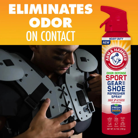 Sport Gear And Shoe Refresher Spray Heavy Duty Odor Defense For Gym Bags And Footwear Deodorizer For Boxing Gloves Hockey Pads Cleats Skates And Helmets With Fresh Guard Baking Soda Formula 6.7 Oz. bottle beside athlete in shoulder pads
