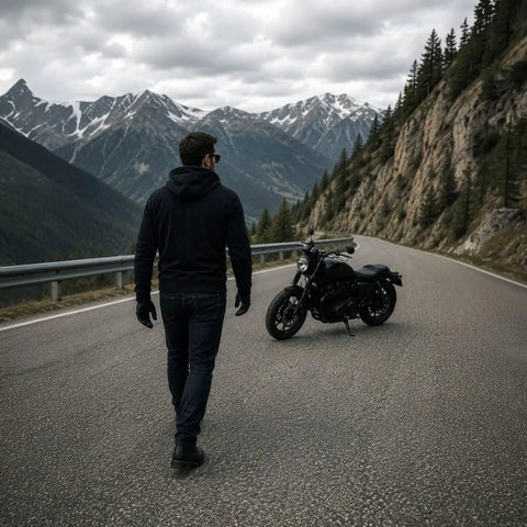 Man on mountain road with motorcycle wearing Streetguard Riding Hoodie With Aramid Armor And CE Shoulder Elbow Protection