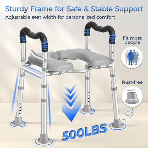 Rock Solid Raised Toilet Seat With Long Handles For Seniors Heavy Duty 500 Lbs Bathroom Safety Chair Featuring Soft Foam Armrests And Grip Tight Rubber Feet For Smooth Easy Transitions