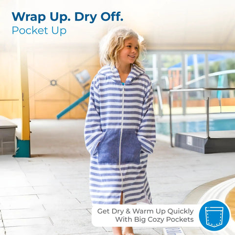 Child at pool wearing Ultra Soft Turkish Cotton Kids Bathrobe And Hooded Towel Poncho With Zip Up, Terry Lining And Pockets