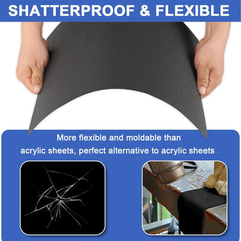 Moldable Plastic Sheets 12x16 Inches 0.06 Inch Thick 6 Pack shown being flexed by hands, demonstrating shatterproof and flexible quality.