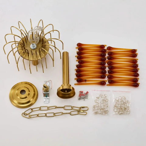 Unassembled parts of Gold Crystal Pendant Light Fixture For Dining Room And Kitchen Island, Modern Brass Pendant with K9 Crystal Drops.