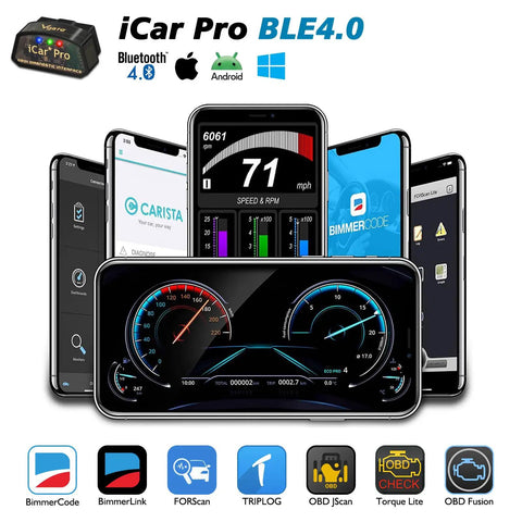 Bluetooth OBD2 Diagnostic Tool For iOS Android Windows with various app interfaces on smartphones