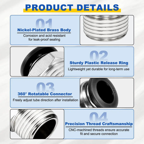 3 Pack Push To Connect Fittings Straight Nickel Plated Brass Pneumatic Male Adapters For 0.16 Inch Outer Diameter Tubing M3 Metric Threads Black Quick Connect Air Line For Factory Pneumatic System product details, showing nickel-plated brass body and plastic release ring features.