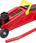 1.5 Ton Hydraulic Trolley Floor Jack With Blow Mold Carrying Case, Heavy Duty Steel Car Jack For DIY Garage Use, Lifts From Five And Five Sixteenths Inches To Thirteen Inches, Red showcasing trolley and handle on flat surface