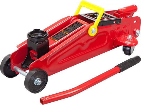 1.5 Ton Hydraulic Trolley Floor Jack With Blow Mold Carrying Case, Heavy Duty Steel Car Jack For DIY Garage Use, Lifts From Five And Five Sixteenths Inches To Thirteen Inches, Red showcasing trolley and handle on flat surface