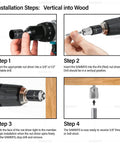 Installation steps of Pro Grade Wood Screw Swivel Threaded Rod Anchor For Wood, 20 3/8 Inch, 17 Degree Off Vertical Install shown.