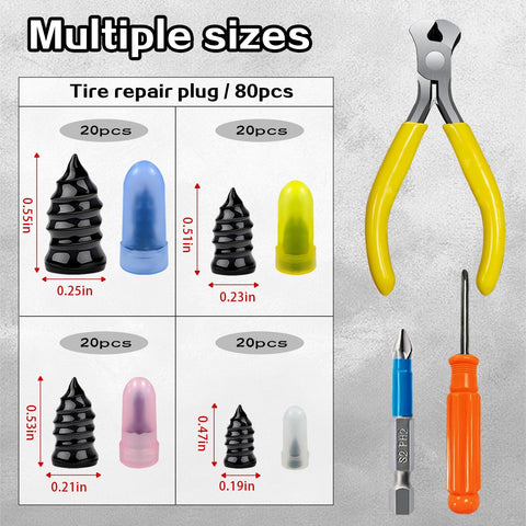 80 Pcs Tire Repair Nails Kit With 4 Sizes For Quick Self Service Tire Repair No Fuss DIY, visible plugs, pliers, and screwdriver