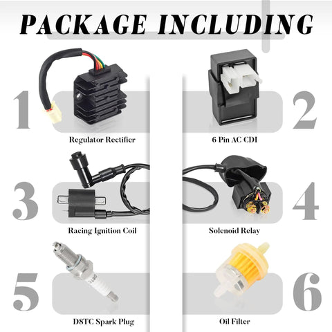 Beefed Up High Performance Ignition Coil Kit With 6 Pin AC CDI Box Regulator Rectifier Solenoid Relay D8TC Spark Plug And Fuel Filter For CG150cc 200cc 250cc Chinese ATVs Quad Go Karts package contents shown.