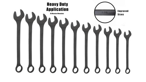 Metric Jumbo 11 Piece Beefy Wrench Set With Pouch, Black Oxide Raised Panel Wrenches 34mm To 50mm displayed in a row