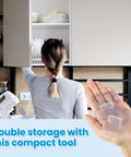 Woman using 12 Pack Clear Adhesive Shelf Brackets No Drill Support Pegs Stick And Go Wall Mount in kitchen cabinet.