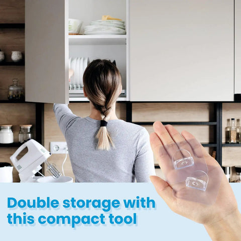 Woman using 12 Pack Clear Adhesive Shelf Brackets No Drill Support Pegs Stick And Go Wall Mount in kitchen cabinet.