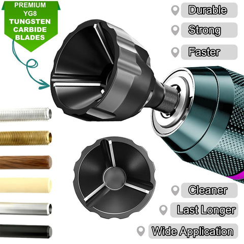 SIFFOI 2PCS YG8 tungsten carbide chamfer burr set with 1/4 inch hex quick-release shank, shown with drill chuck