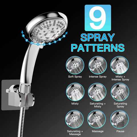 9 settings handheld showerhead from 8 Inch High Pressure Rainfall Shower Head With 11 Inch Adjustable Extension Arm, Chrome Finish