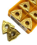 Solid Carbide Turning Indexable Insert Holder For Metal Lathe And CNC External Cutting Tools WNMG080408 showing golden triangular inserts in yellow box.