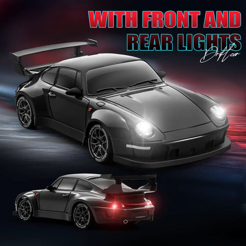 1 to 24 Scale RC Drift Car With 4WD Drive, Lights, And Realistic Drifting Action, Black model with illuminated headlights and taillights