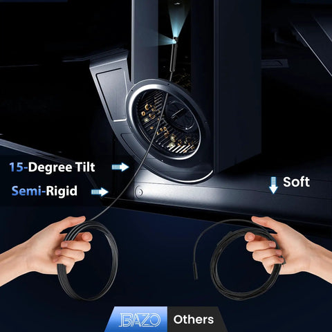 Ultra Clear Endoscope Camera With Light 1920P HD Borescope For Android And iOS Inspections With 8 Adjustable LEDs IP67 Waterproof Semi Rigid Snake Cable 18.04 Ft Long For Tight Spots And Hard To Reach Areas. 15-degree tilt semi-rigid cable shown in hand