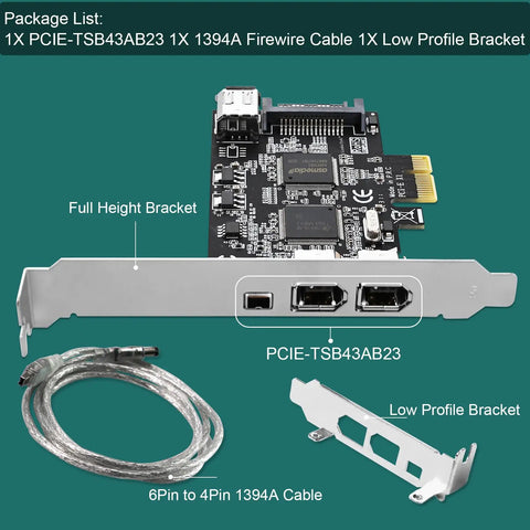 High Speed Firewire 400 PCIe Expansion Card With Four 1394A Ports, 3x 6Pin And 1x 4Pin, Includes Cables And Low Profile Bracket