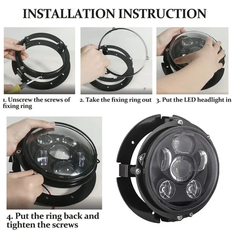 5.75 Inch Round LED Headlight Mount Bracket For Motorcycle installation steps, heavy duty metal alloy with rust resistant finish