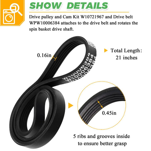 Techecook washer drive belt, 21-inch total length, black 5-rib rubber belt with 0.45in width and inner grooves