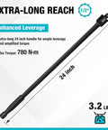 Rugged 24 Inch Breaker Bar Featuring 240 Degree Flex Head And Half Inch Square Drive with extra-long reach and max torque.